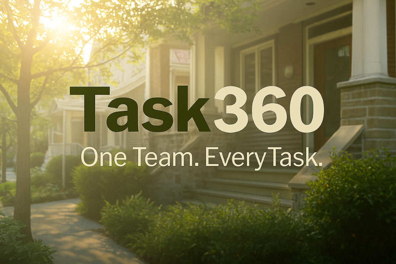 Task360 – Calgary Home, Tech & Yard Services Residential Calgary neighborhood with Task360 branding promoting handyman, tech, and yard services.”
